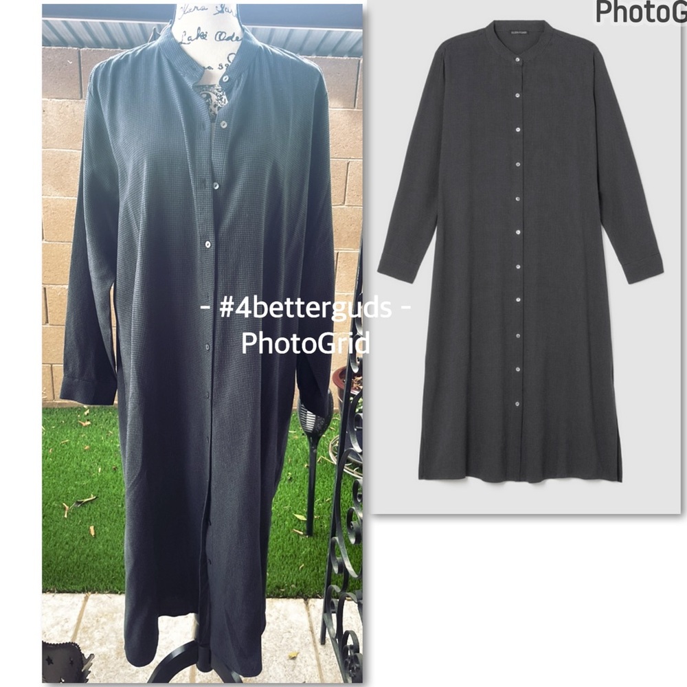 Eileen Fisher Mini Check Crepe Mandarin Collar Long Sleeve Shirt Dress LG L/G - Picture 16 of 16